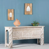 Hand Carved Reclaimed Wood Console Table Whitewash